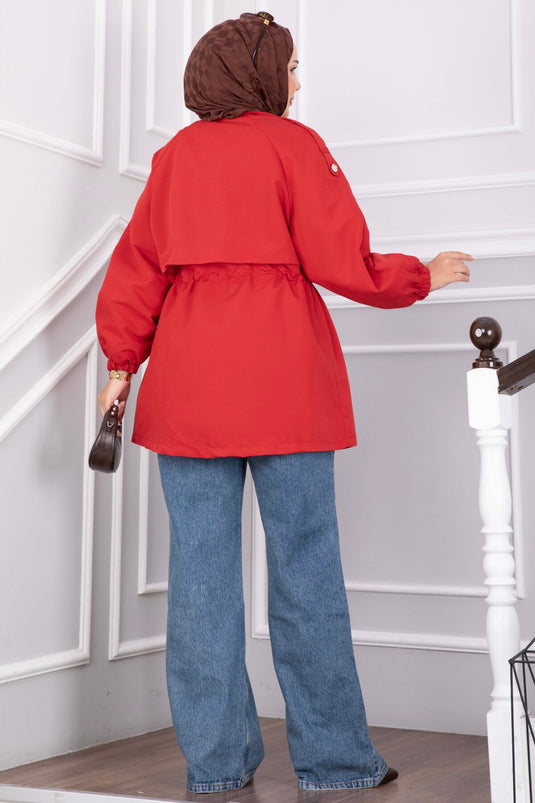 Korte Rood Trenchcoat Met Rits En Verstelbare Taille