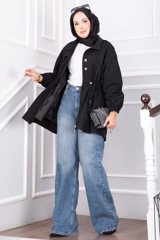 Korte Trenchcoat Met Rits En Verstelbare Taille In Zwart