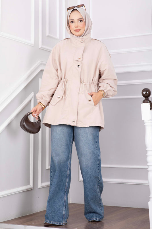Zippered Adjustable Waist Short Trench Coat With Embellishments