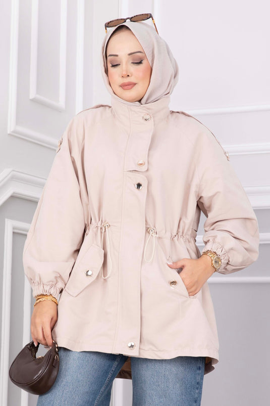 Zippered Adjustable Waist Short Trench Coat With Embellishments