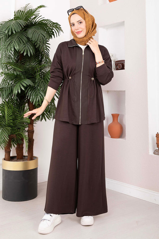 Conjunto De Dos Piezas Oysho Con Cintura Ajustable Y Cremallera En Color Café