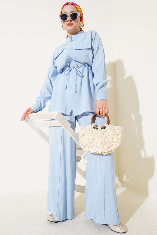 Fermuarlı Beli Tünelli İkili Takım Bebe Mavi