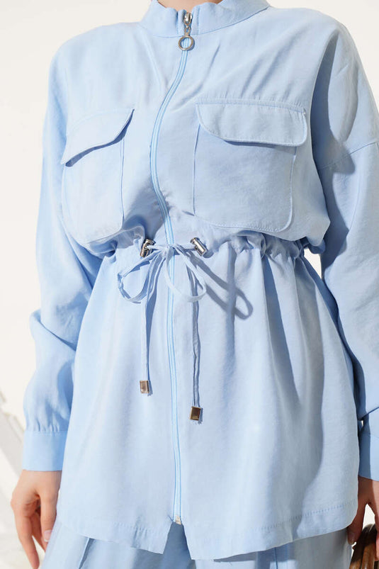 Fermuarlı Beli Tünelli İkili Takım Bebe Mavi