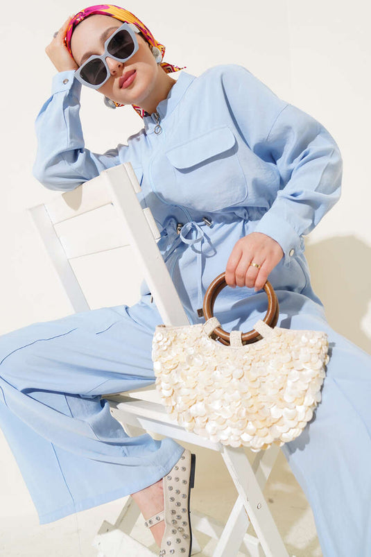 Fermuarlı Beli Tünelli İkili Takım Bebe Mavi