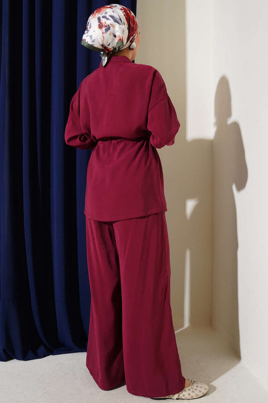 Zippered Waist Tunneled Two Piece Suit Claret Red