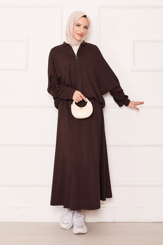 Zip-up Bomber Jacket and Skirt Set, Coffee