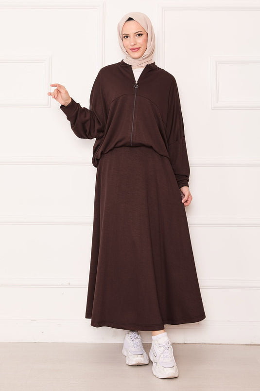 Zip-up Bomber Jacket and Skirt Set, Coffee