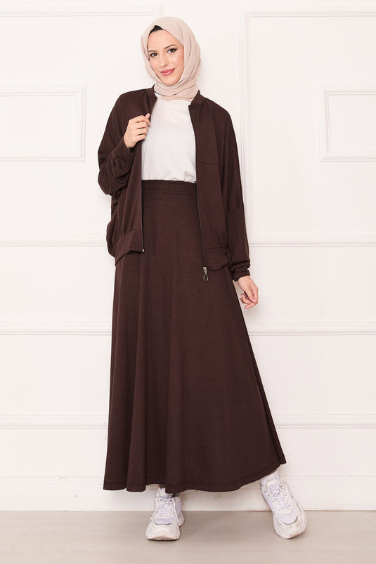 Zip-up Bomber Jacket and Skirt Set, Coffee