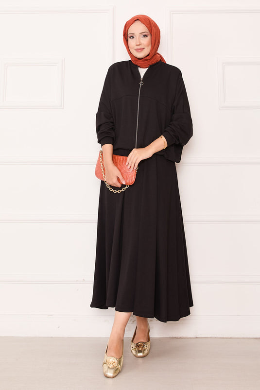 Zippered Bomber Jacket and Skirt Set Black