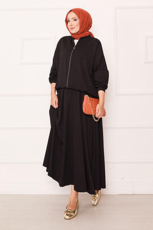 Zippered Bomber Jacket and Skirt Set Black