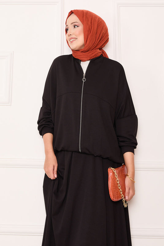 طقم جاكيت وتنورة بسحاب أسود