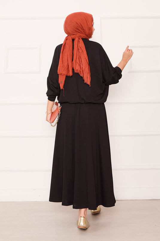 Zippered Bomber Jacket and Skirt Set Black