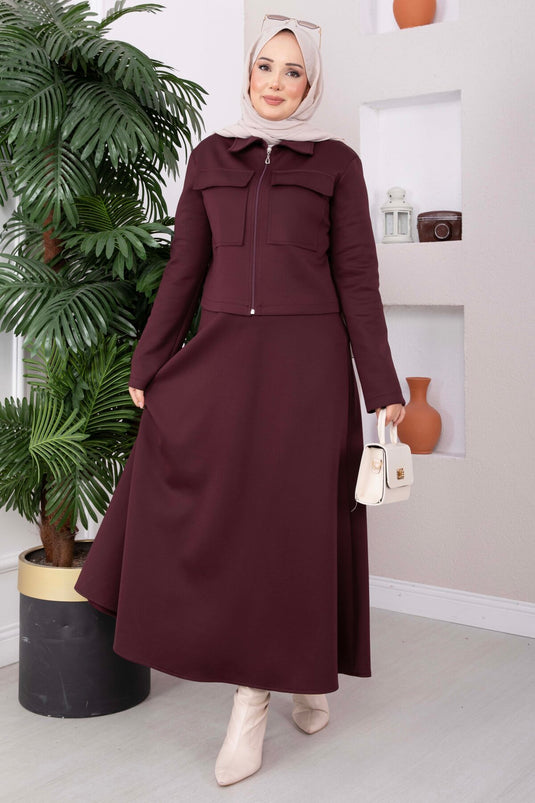Zippered Jacket Skirt & Scuba Set In Burgundy