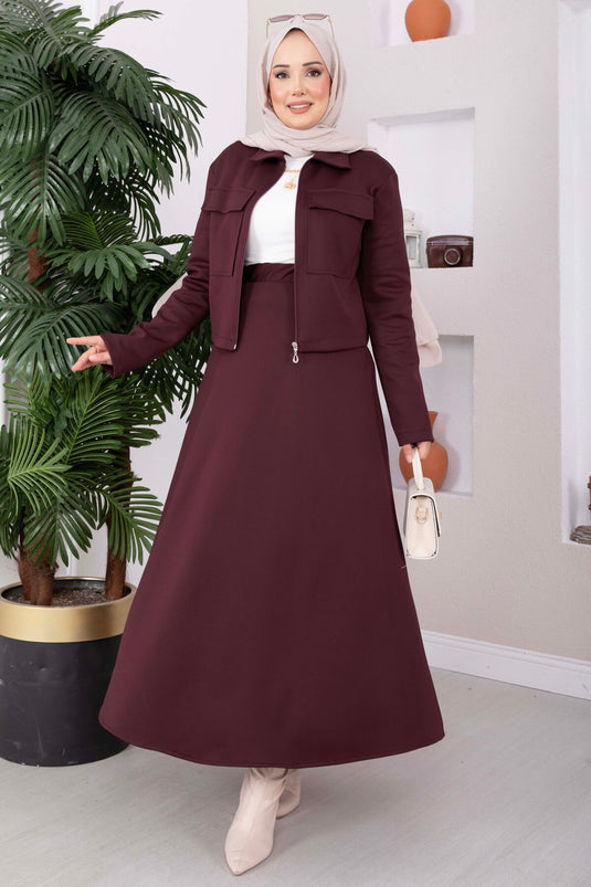 Zippered Jacket Skirt & Scuba Set In Burgundy