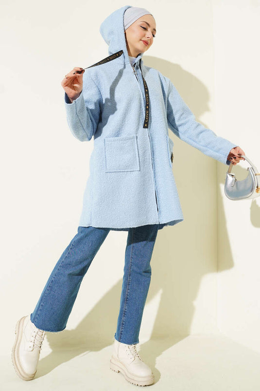 Baby Blue Bouclé Coat with Zipper Pocket and Emblem