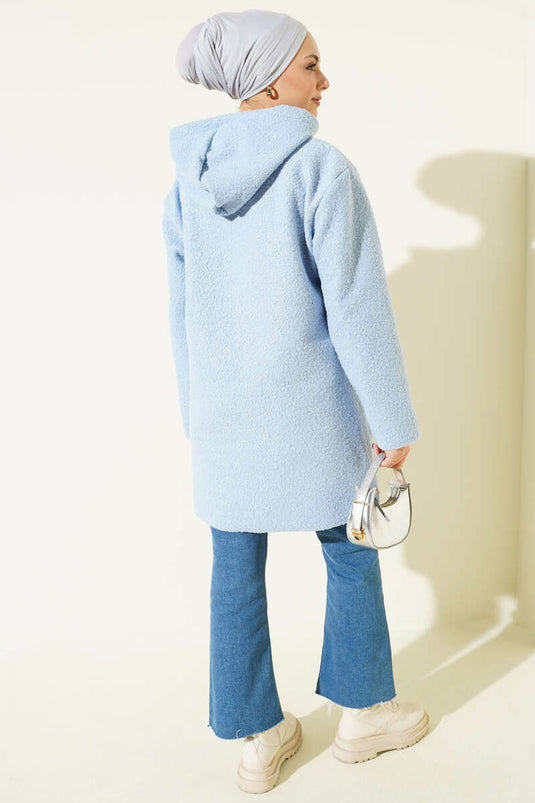 Baby Blue Bouclé Coat with Zipper Pocket and Emblem
