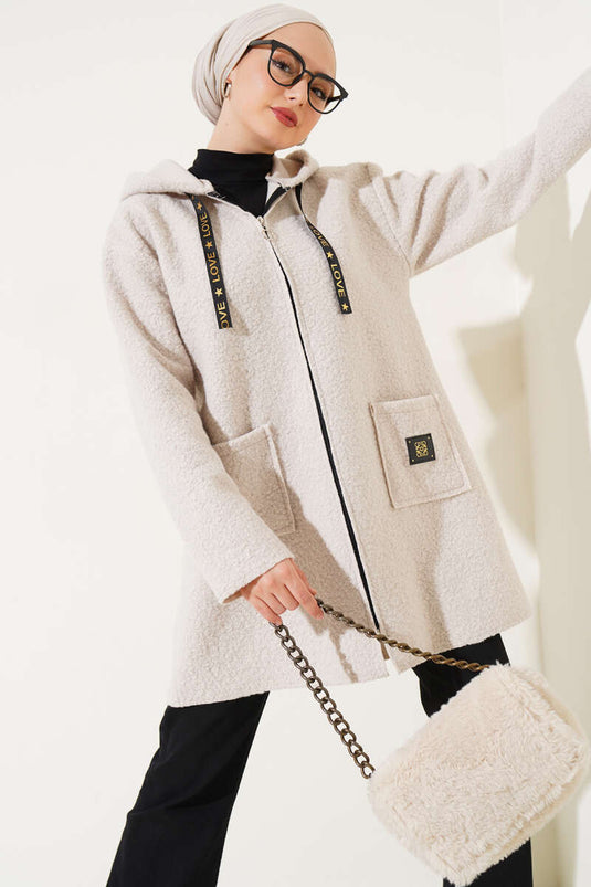 Zippered Pocket Embroidered Boucle Coat Beige