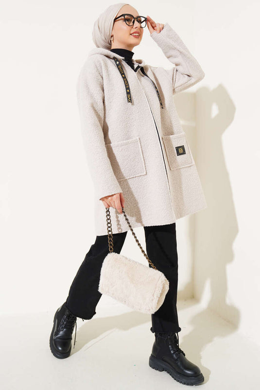 Zippered Pocket Embroidered Boucle Coat Beige
