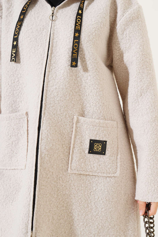 Zippered Pocket Embroidered Boucle Coat Beige