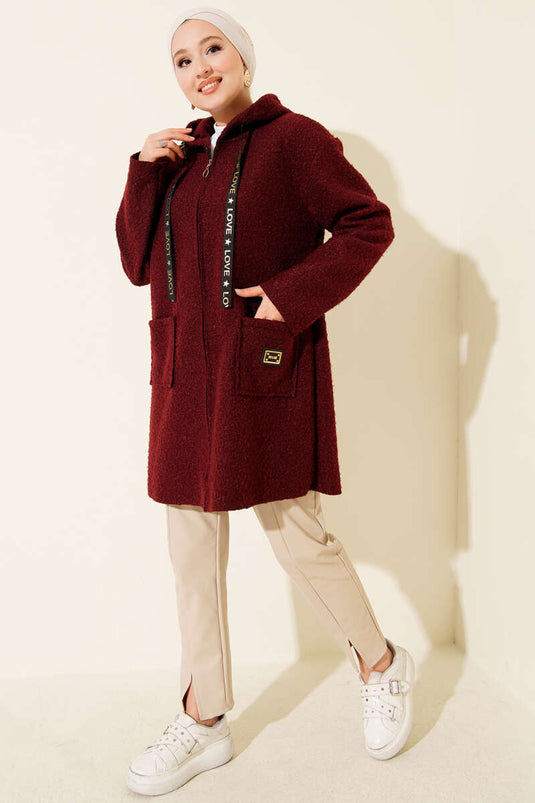 Zippered Pocket Embroidered Boucle Coat Burgundy