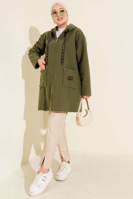Zippered Pocket Embroidered Boucle Coat Almond Green