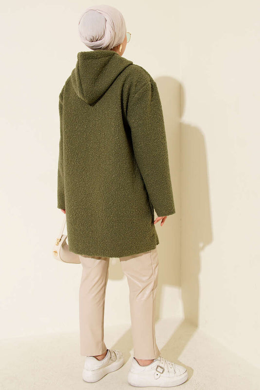 Zippered Pocket Embroidered Boucle Coat Almond Green