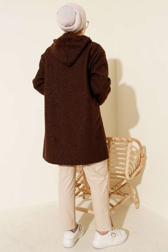 Zippered Pocket Embroidered Boucle Coat Brown