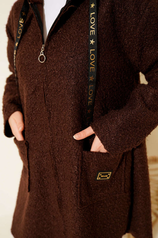 Zippered Pocket Embroidered Boucle Coat Brown