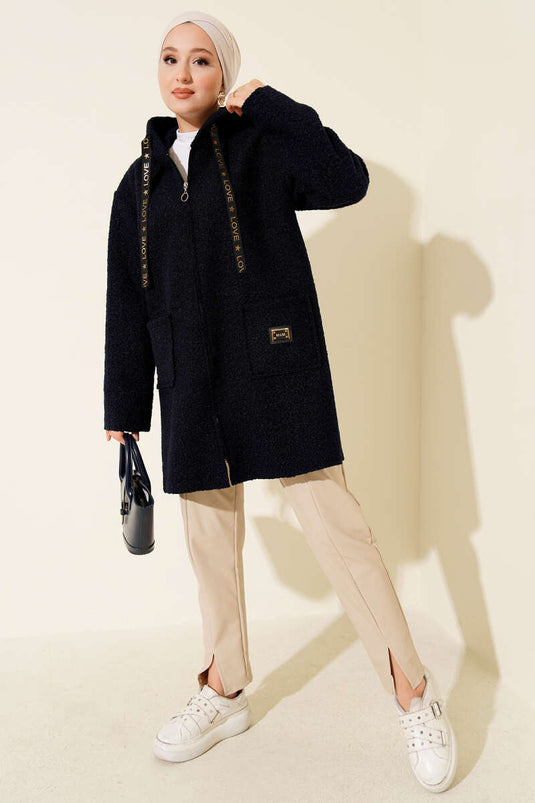 Zippered Pocket Embroidered Boucle Coat Navy Blue
