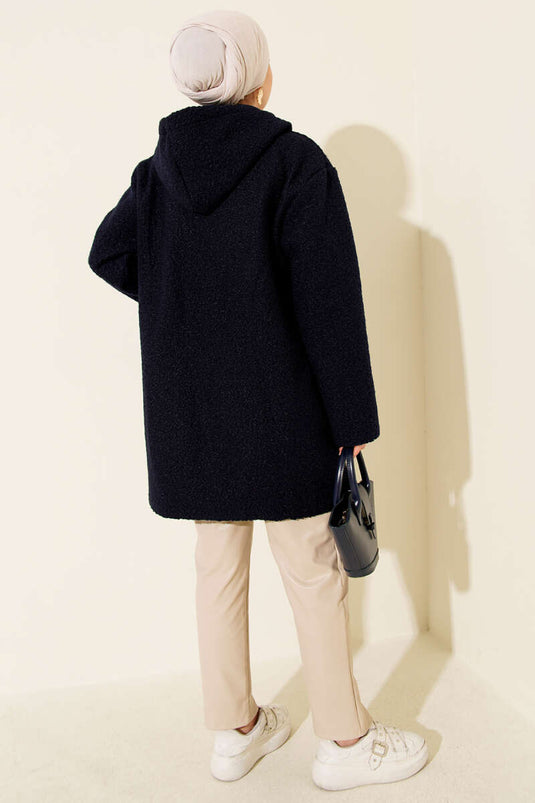 Zippered Pocket Embroidered Boucle Coat Navy Blue