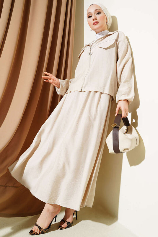 Fermuarlı Cep Kapaklı Etekli İkili Takım Bej