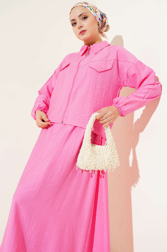 Zippered Pocket Flap Skirted Two Piece Suit Fuchsia