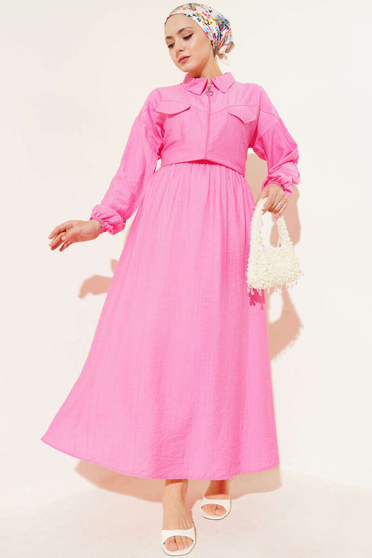 Zippered Pocket Flap Skirted Two Piece Suit Fuchsia