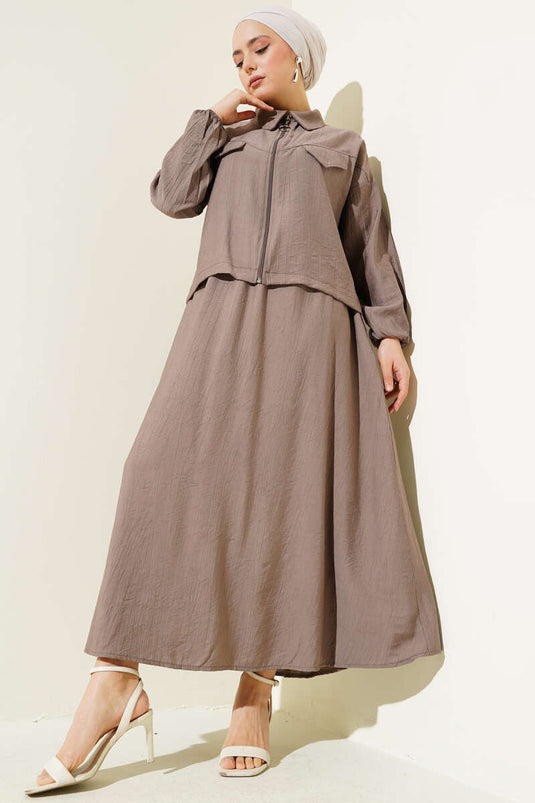 Zippered Pocket Flap Skirted Two Piece Suit Brown