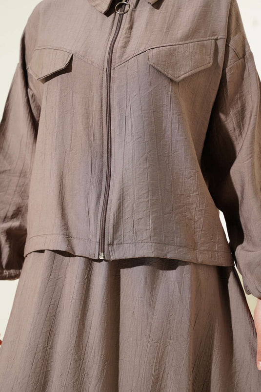 Zippered Pocket Flap Skirted Two Piece Suit Brown