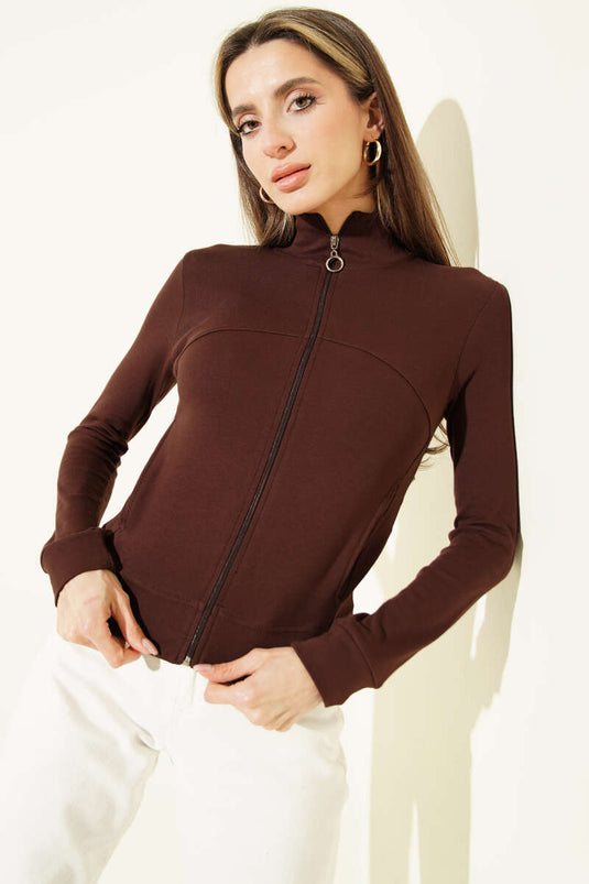 Zippered Pocketed Cropped Cardigan Brown