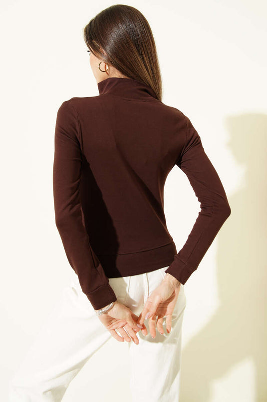 Zippered Pocketed Cropped Cardigan Brown
