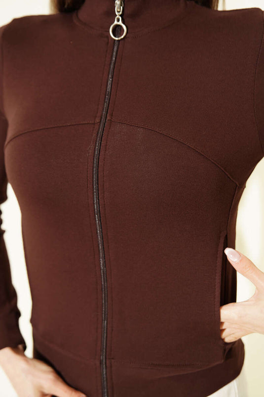 Zippered Pocketed Cropped Cardigan Brown