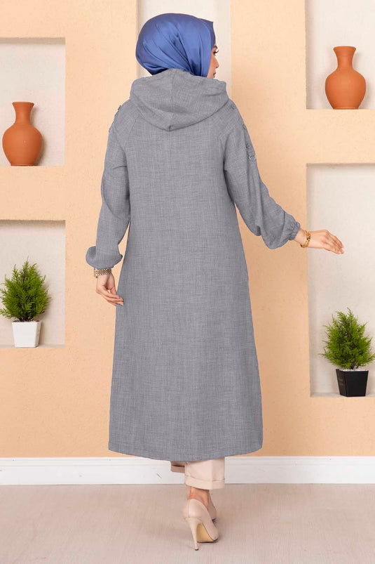 Fermuarlı Cepli  Uzun Tesettür Kap Gri
