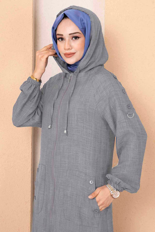 Fermuarlı Cepli  Uzun Tesettür Kap Gri