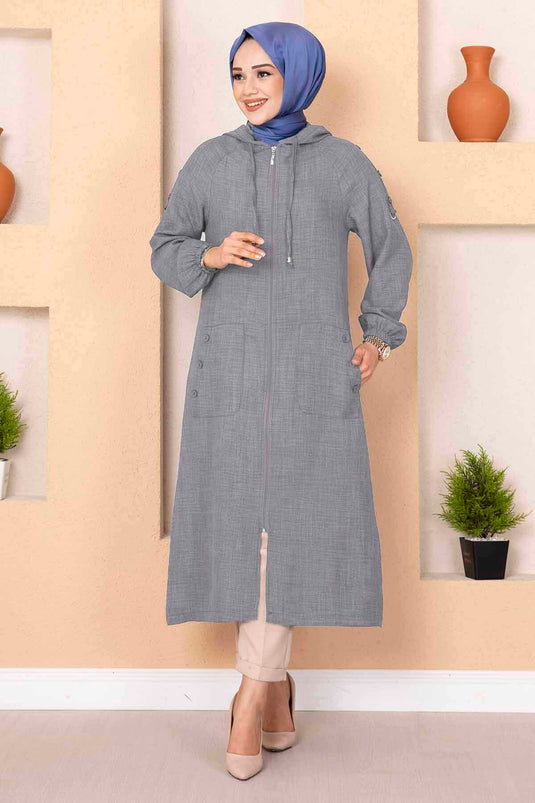 Fermuarlı Cepli  Uzun Tesettür Kap Gri