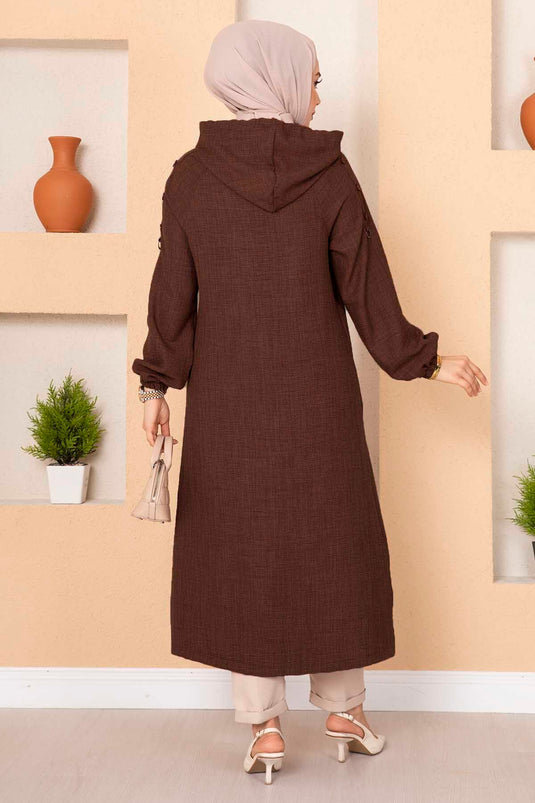 Manteau Hijab Long avec Fermeture Éclair et Poche Marron