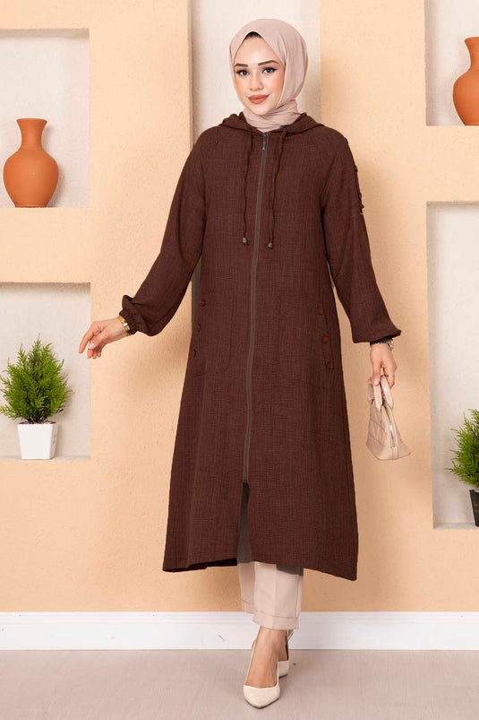 Manteau Hijab Long avec Fermeture Éclair et Poche Marron