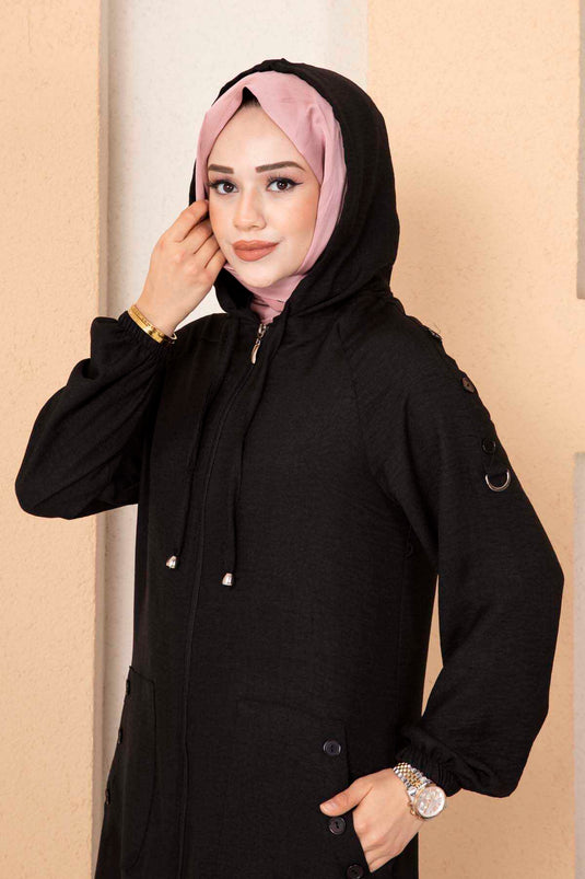 Langes Hijab-Cape mit Reißverschlusstasche in Schwarz