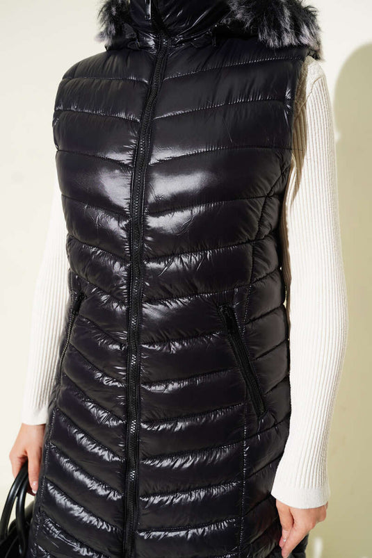 Fermuarlı Cepli Kapüşonlu Şişme Yelek Siyah