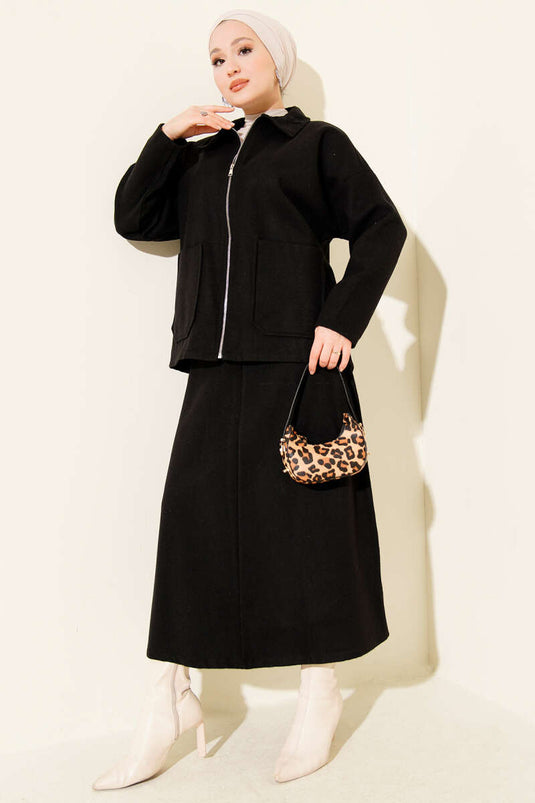 Ensemble deux pièces noir avec poches zippées et jupe en cachemire