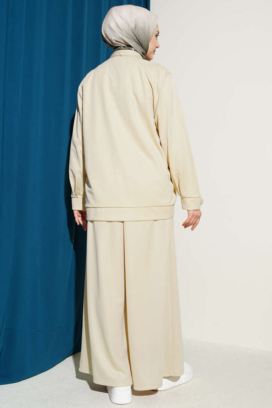 Zweiteiliger lockerer Anzug mit Reißverschluss und Taschen, Beige
