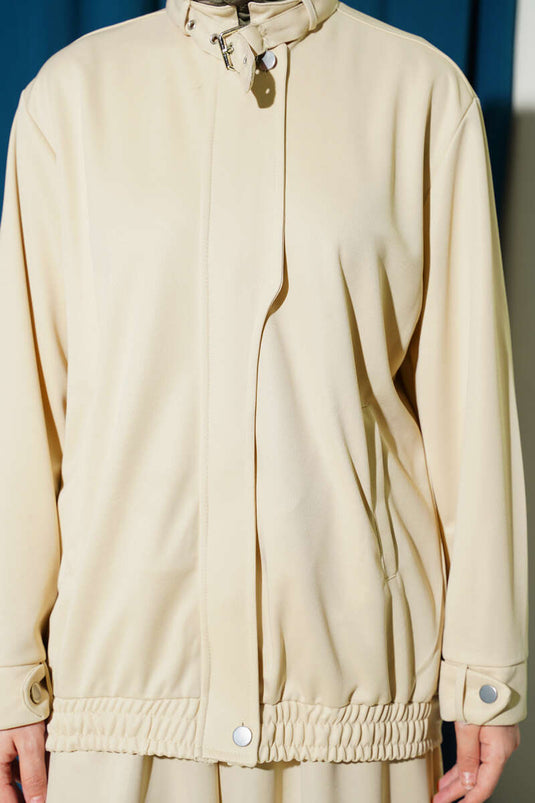 Zweiteiliger lockerer Anzug mit Reißverschluss und Taschen, Beige