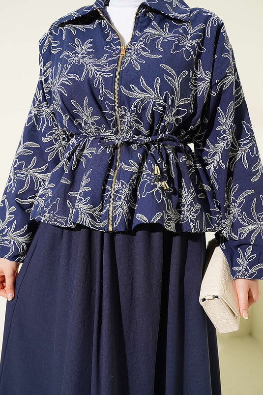 Ensemble Deux Pièces Modeste avec Jupe à Motif Floral et Fermeture Éclair Bleu Marine