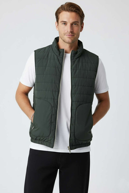 Fermuarlı Çift Cepli Erkek Yelek Haki